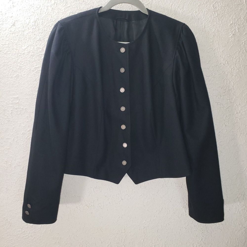 Vintage Oberland Trachten Jacket Black Blazer Silver Engraved Buttons Wool Sz 44